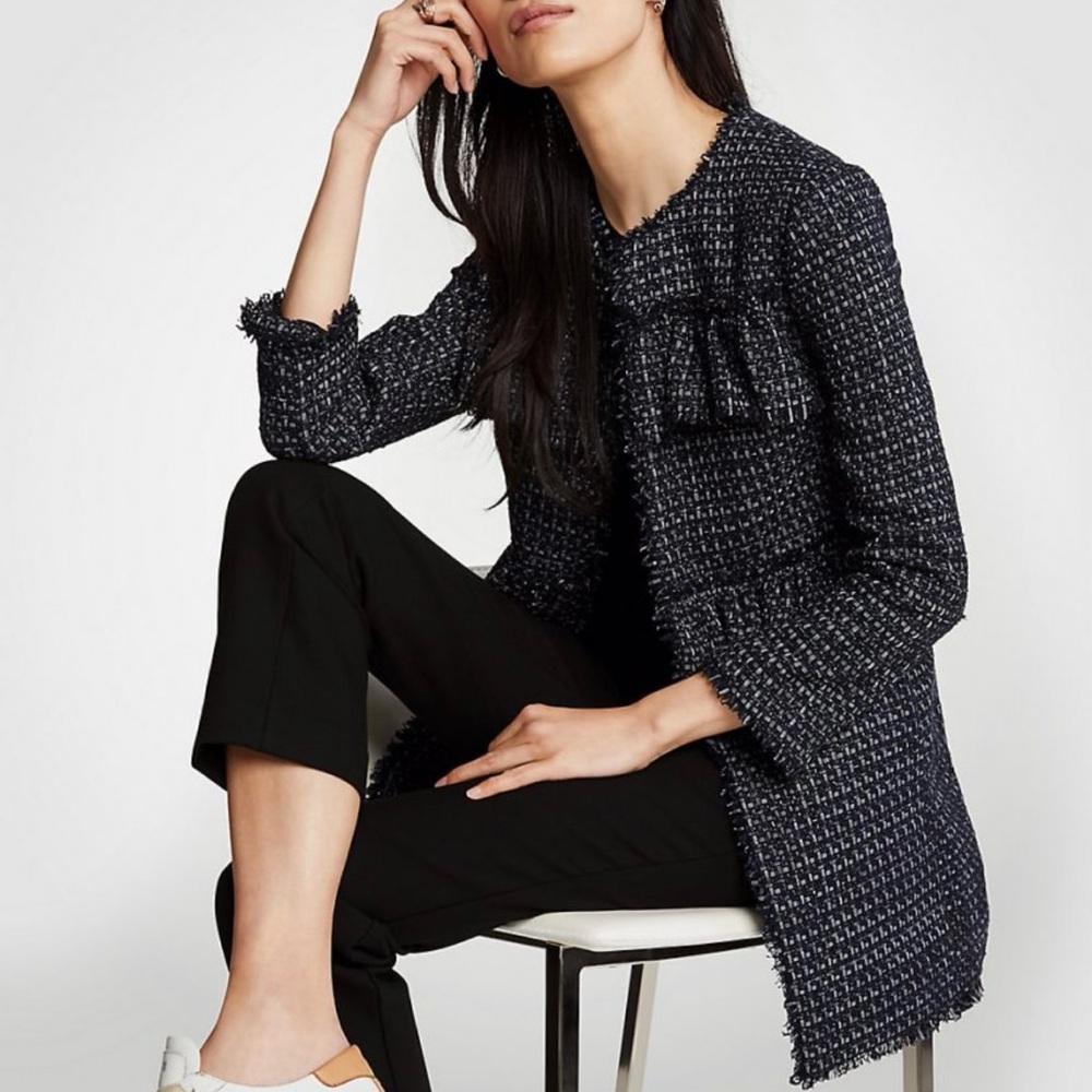Ann Taylor navy blue metallic tweed ruffle jacket - Picture 3 of 13